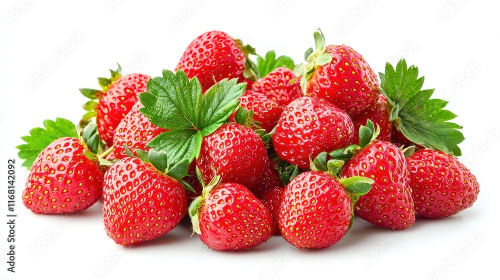 A cluster of fresh red strawberries with green leaves A cluster of fresh red strawberries with green leaves