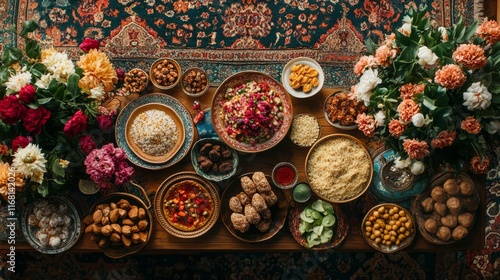 Nowruz celebration with Persian carpets, flowers, and traditional sweets