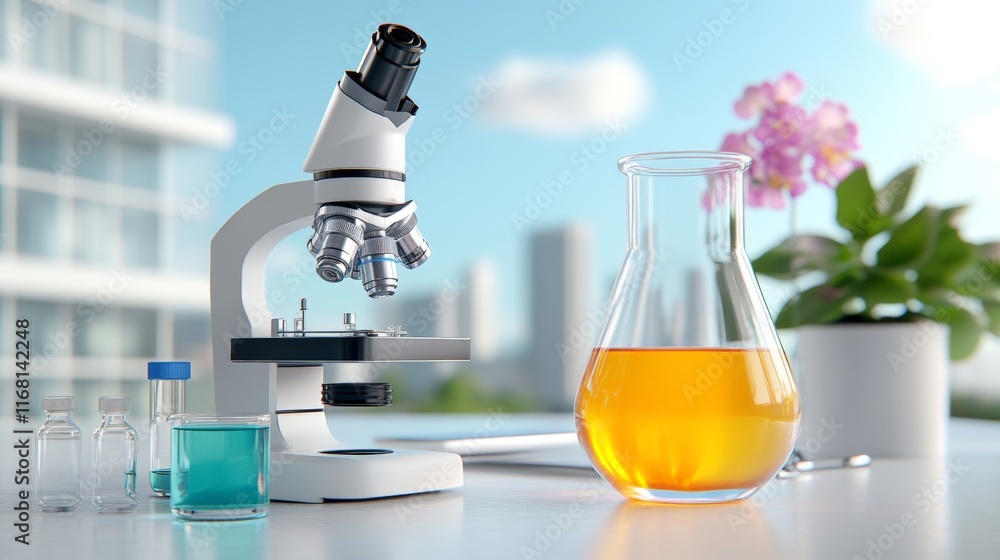 Microscopes on a Lab Table with Science Equipment Microscopes on a Lab Table with Science Equipment
