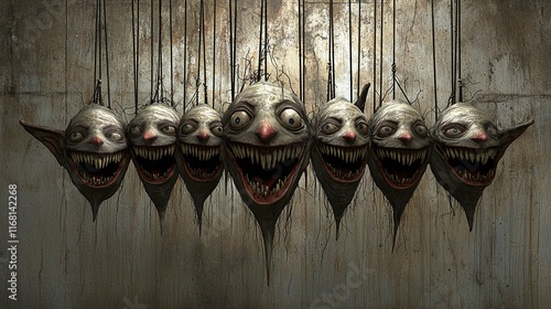 Ghoulish grins hanging, grunge wall, horror art, Halloween photo