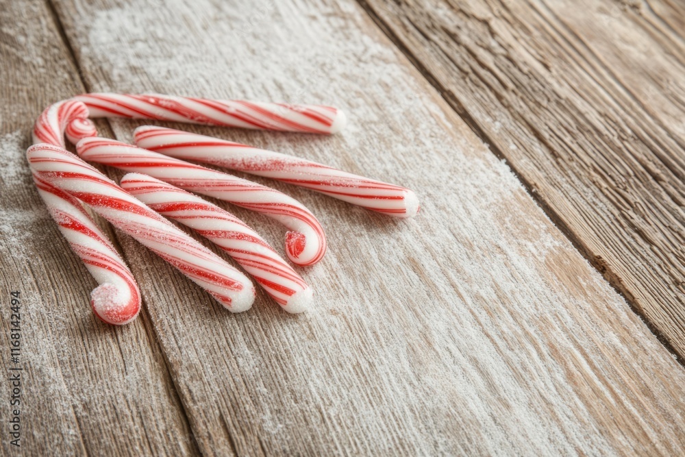 Candy canes sprinkled with sugar rest on a rustic wooden surface, evoking a festive Christmas atmosphere. Candy canes sprinkled with sugar rest on a rustic wooden surface, evoking a festive Christmas atmosphere.