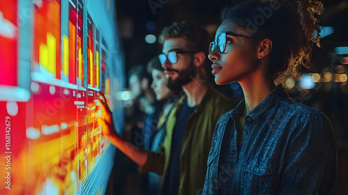 Young professionals collaborate on interactive data display