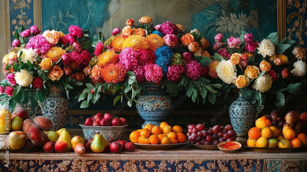 Persian new year celebration with vibrant flowers and fruits arranged on a decorative table Persian new year celebration with vibrant flowers and fruits arranged on a decorative table