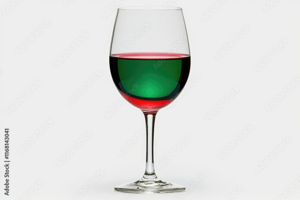 A stemmed wine glass filled with layered red and green liquids against a white backdrop. A stemmed wine glass filled with layered red and green liquids against a white backdrop.