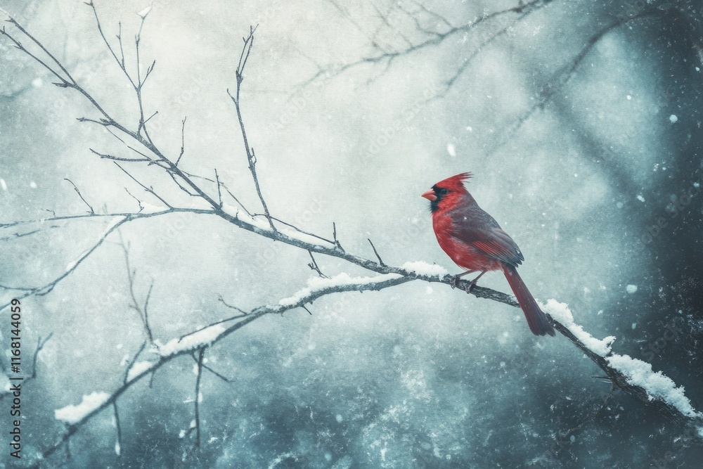 Fototapeta premium A vibrant red cardinal perched on a snow-covered branch in a wintry scene.