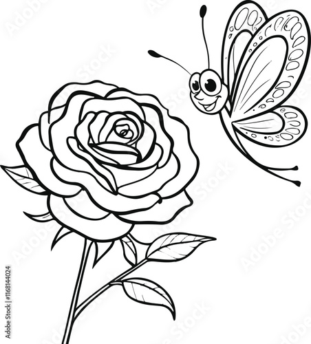 A rose flower, a butterfly flying and sitting on the rose, line art and thick lines, clear lines, no color, white background, funny art style, different design style 9.eps