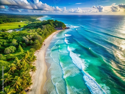 Aerial Drone Shot of Pristine Sandy Beach, Turquoise Ocean Waves, Summer Vacation Paradise