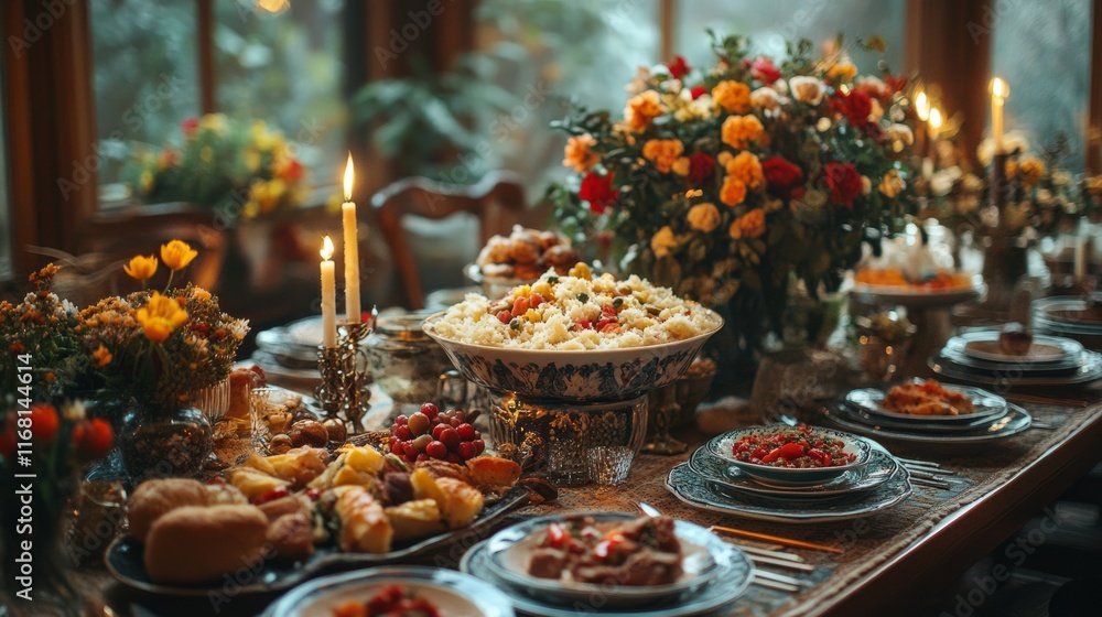 Traditional Nowruz feast with Persian dishes on a beautifully set table Traditional Nowruz feast with Persian dishes on a beautifully set table