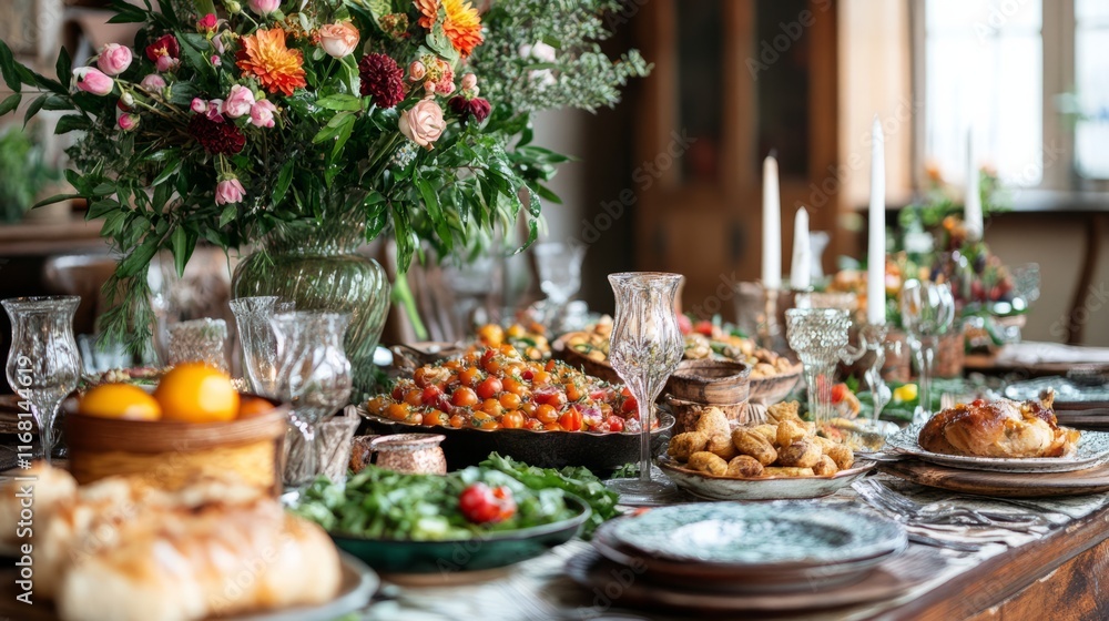 Traditional Nowruz feast with Persian dishes on a beautifully set table Traditional Nowruz feast with Persian dishes on a beautifully set table