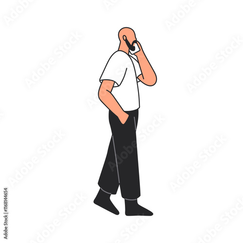 Man speaking on mobile phone. Male character profile, walking and talking on ...