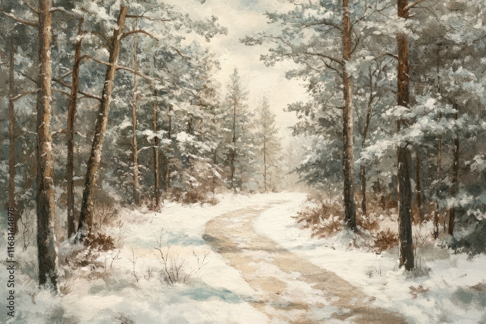 Obraz premium A snow-covered path winds through a serene winter forest, sunlight filtering through the trees.