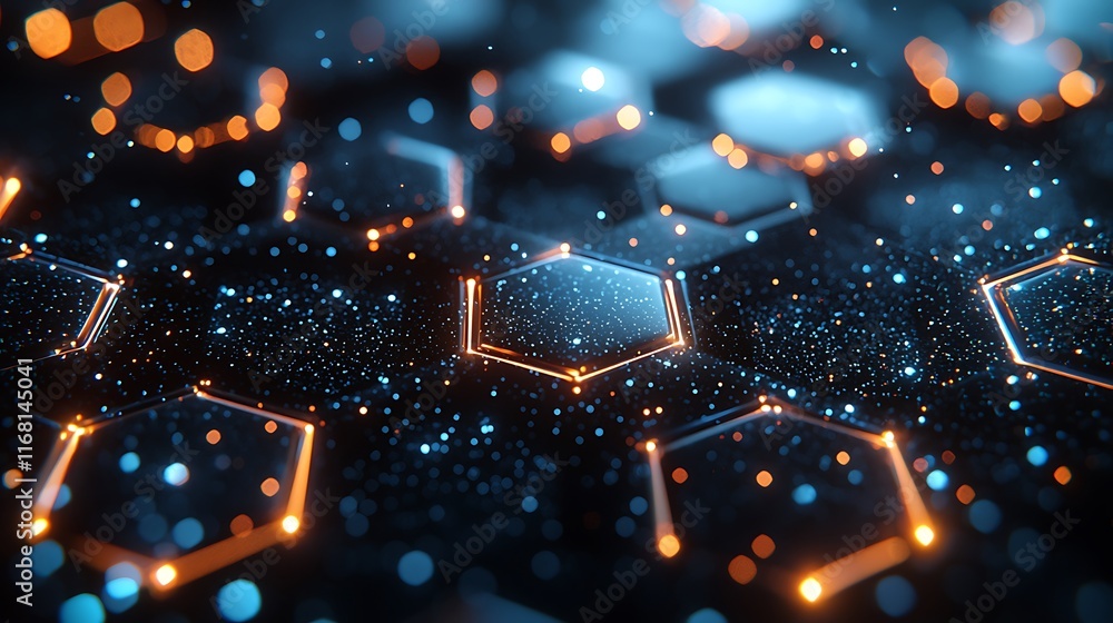 Abstract Hexagonal Network Glowing With Orange And Blue Lights Abstract Hexagonal Network Glowing With Orange And Blue Lights