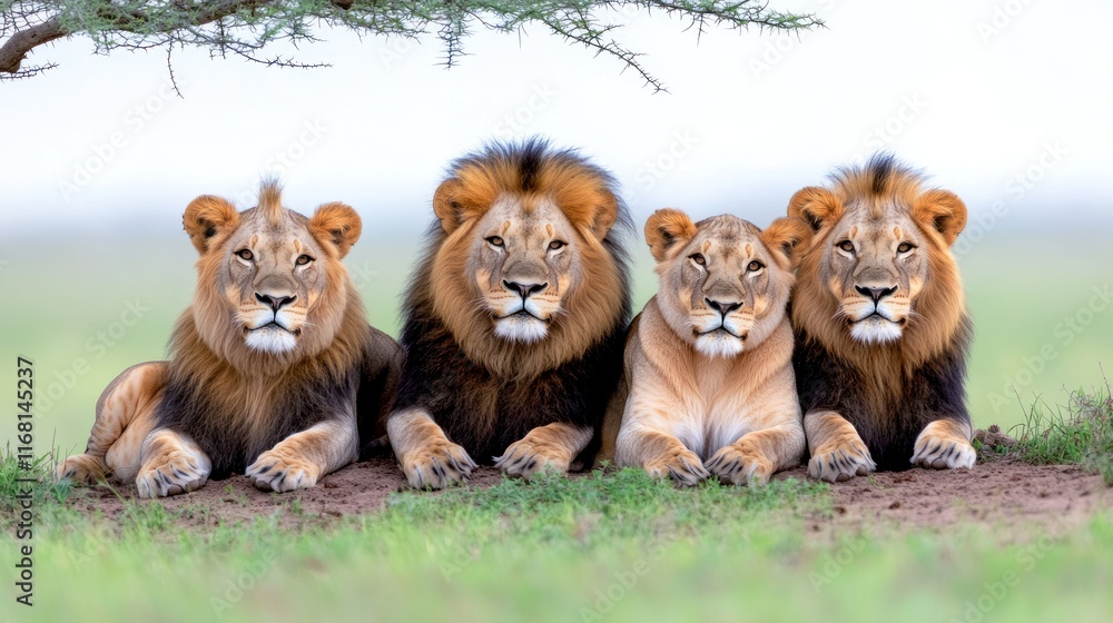 Four lions resting together in a serene landscape. Four lions resting together in a serene landscape.