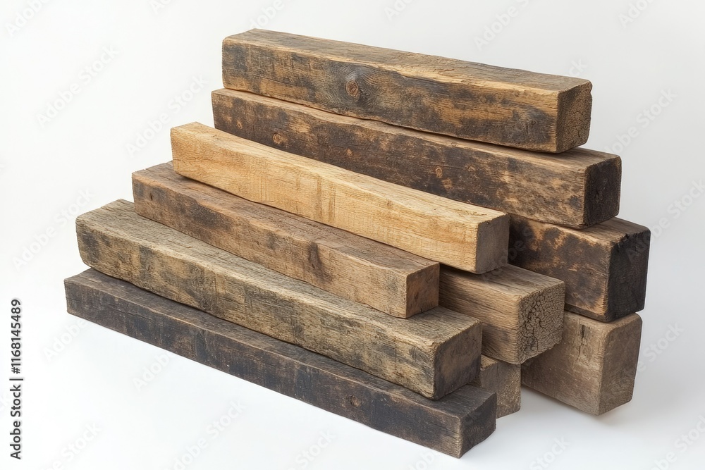 A stack of weathered, reclaimed wood beams, varying in shades of brown and gray, shows rustic texture and age. A stack of weathered, reclaimed wood beams, varying in shades of brown and gray, shows rustic texture and age.