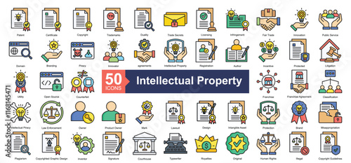 Intellectual Property Icon Collection Set.Containing patent, certificate, copyright, trademarks, duality icon. Simple lineal style Vector Illustration.	