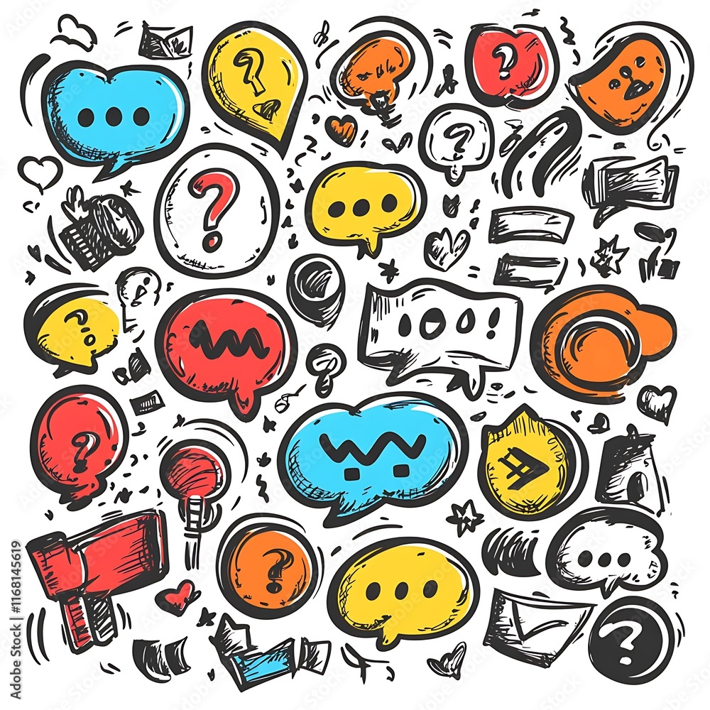 Hand-drawn sketch of various speech bubbles, lightbulb ideas, and question marks, perfect for brainstorming or idea generation. Hand-drawn sketch of various speech bubbles, lightbulb ideas, and question marks, perfect for brainstorming or idea generation.