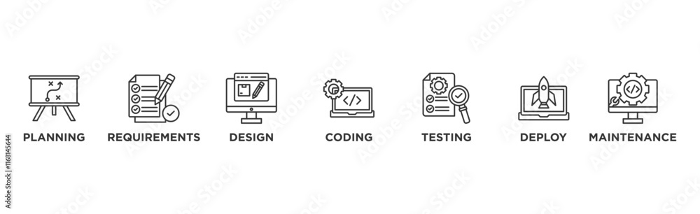 Software development life cycle banner web icon illustration concept of sdlc with icon of planning, requirements, design, coding, testing, deploy and maintenance Software development life cycle banner web icon illustration concept of sdlc with icon of planning, requirements, design, coding, testing, deploy and maintenance