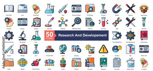 Research and Developement Icon Collection Set.Containing creative, new product, creativity, browser, analysis icon. Simple lineal style Vector Illustration.	