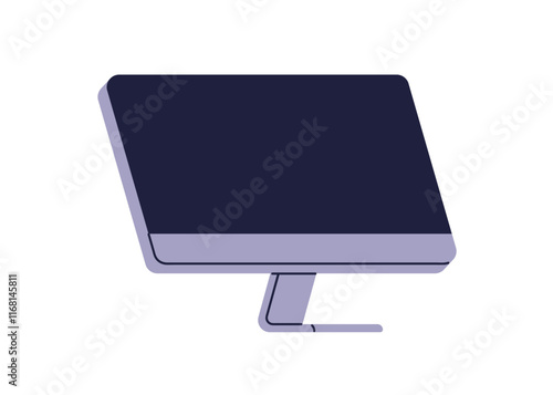 Personal computer screen, black blank empty display. Desktop PC on stand. Workplace gadget, digital electronic device, technology. Flat graphic vector illustration isolated on white background