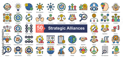 Strategic Alliances Icon Collection Set.Containing collaborative, innovation, global market, market expansion icon. Simple lineal style Vector Illustration.	