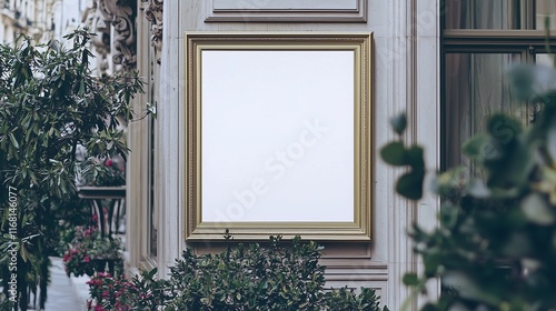 Boutique hotel facade with square white sign, welcoming view.