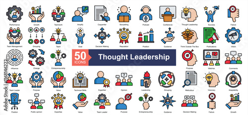 Thought Leadership Icon Collection Set.Containing performance, growth, teamwork, copywriter icon. Simple lineal style Vector Illustration.	