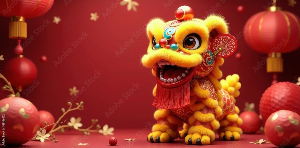 Vibrant lion wearing red fan on head surrounded by traditional Chinese New Year decorations, culture, new year, fan Vibrant lion wearing red fan on head surrounded by traditional Chinese New Year decorations, culture, new year, fan