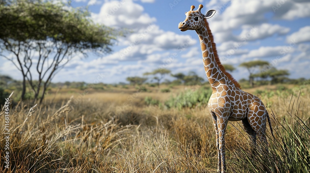 Fototapeta premium Giraffe standing savanna grassland sunny day Africa wildlife