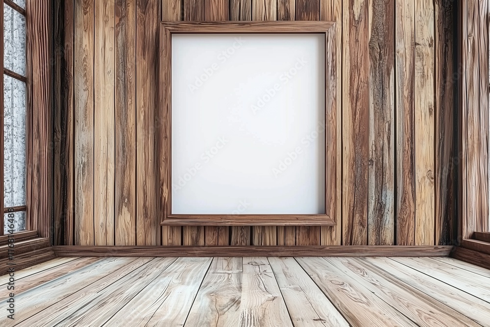 High-resolution mockup ready room with wooden walls and blank frame. High-resolution mockup ready room with wooden walls and blank frame.