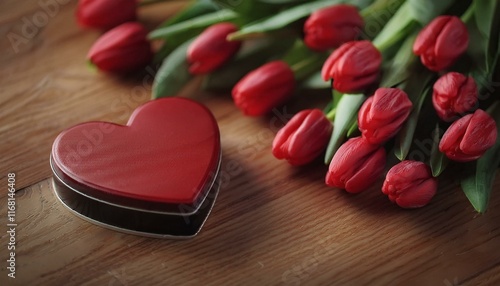 Reference ImageA chocolate heart and a bouquet of red tulips on a wooden table