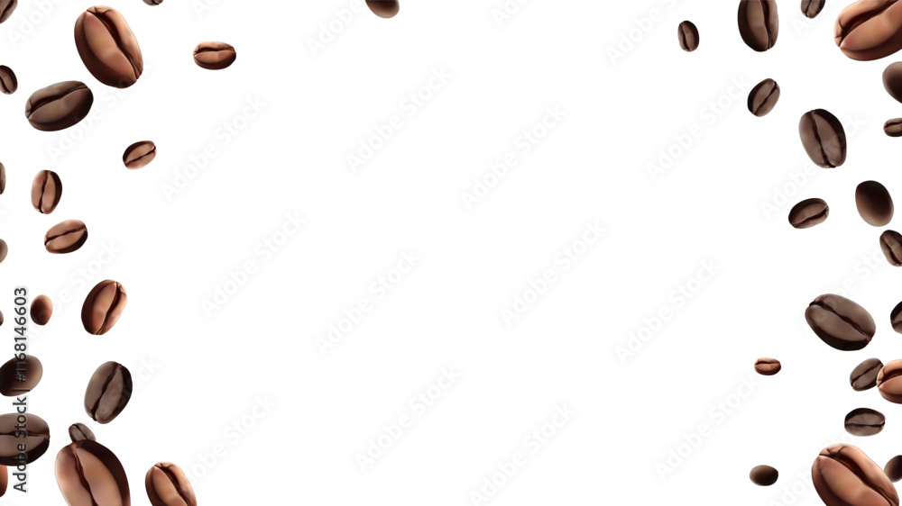Obraz premium Coffee beans falling Vector illustration 3D Realistic coffee beans falling For coffee, coffee drink and product design concepts. Template on a white background Mesh gradient wes used