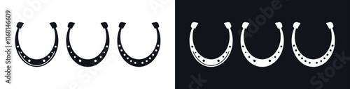 Black and White Horseshoe Icon Set for Graphic Design, Vector Horseshoe Icons for Luck and Equestrian Themes, Stylized Horseshoe Symbol Set for Design Projects.