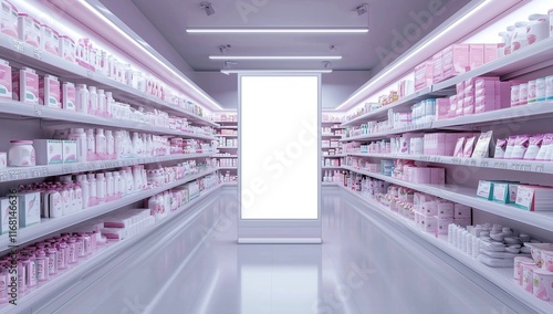 Baby store scene with white billboard, pink shelves.
