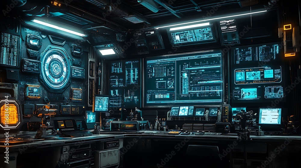 Futuristic tech control room with monitors. Futuristic tech control room with monitors.