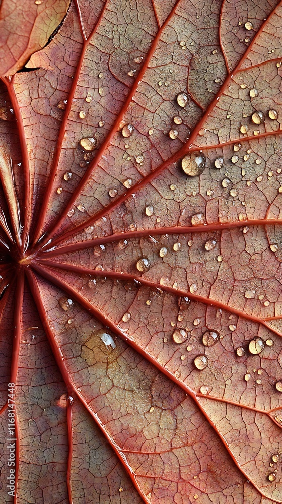 Fototapeta premium A macro capture of a lotus leaf with tiny dew drops forming natural patterns, with the image's upper area open for text.