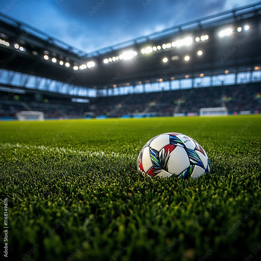 Soccer ball on a green field in a stadium. Soccer ball on a green field in a stadium.