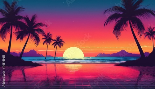 Tropical beach with palm trees silhouette at sunset background - Tropical sunset with trees