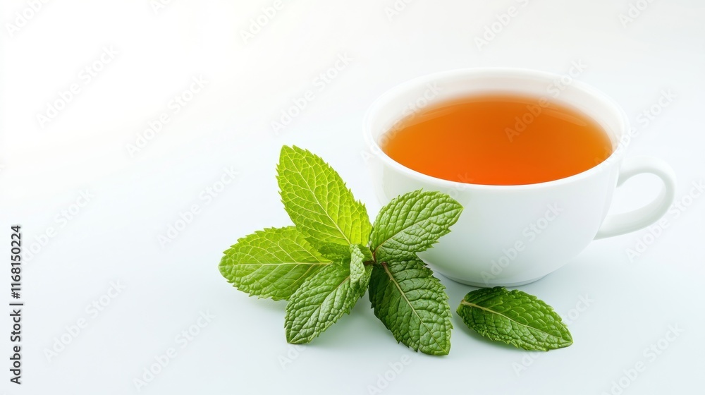 A cup of herbal tea with fresh mint leaves beside it. A cup of herbal tea with fresh mint leaves beside it.