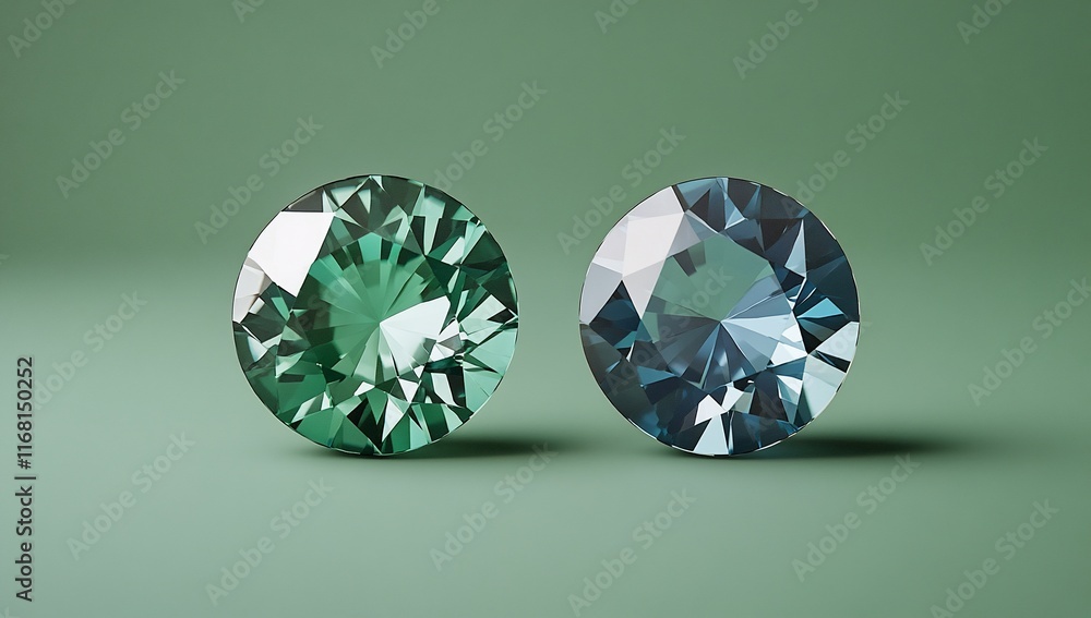 Two vibrant gemstones, green and blue, displayed against a muted green backdrop. Two vibrant gemstones, green and blue, displayed against a muted green backdrop.