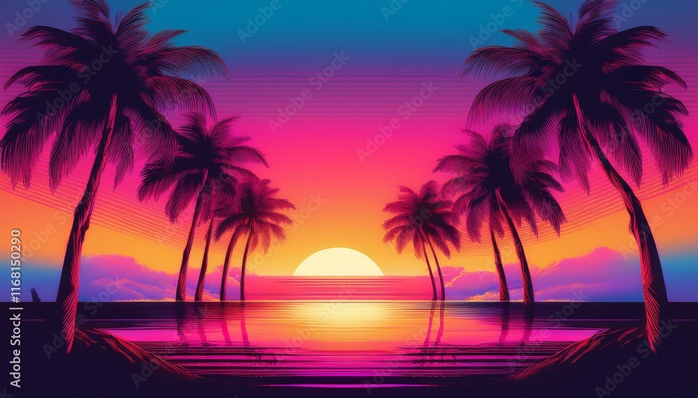 Tropical beach with palm trees silhouette at sunset background - Tropical sunset with trees Tropical beach with palm trees silhouette at sunset background - Tropical sunset with trees