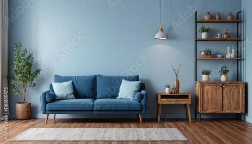 Modern living room interior with a brown leather sofa accented by blue pillows, a blue accent wall with molding, wooden furniture, and lush greenery. A window with soft curtains allows natural light t