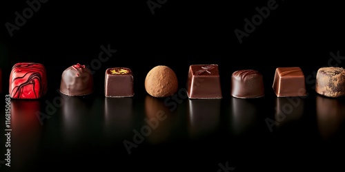 A delectable assortment of gourmet chocolates, meticulously arranged against a stark black backdrop. Each piece showcases unique textures and flavors, promising an exquisite indulgence.