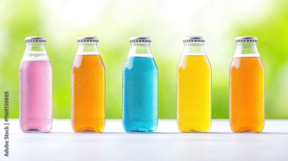 Colorful bottled drinks arranged in a row on a table. Colorful bottled drinks arranged in a row on a table.