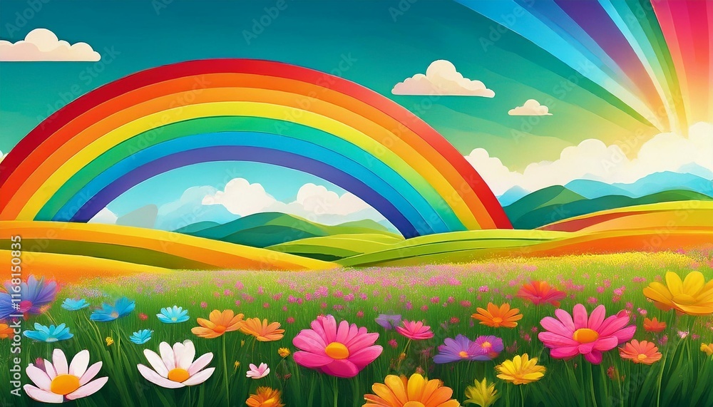 Spring meadow with flowers. Children's book illustration with a rainbow over. Meadow with flowers and rainbow Spring meadow with flowers. Children's book illustration with a rainbow over. Meadow with flowers and rainbow