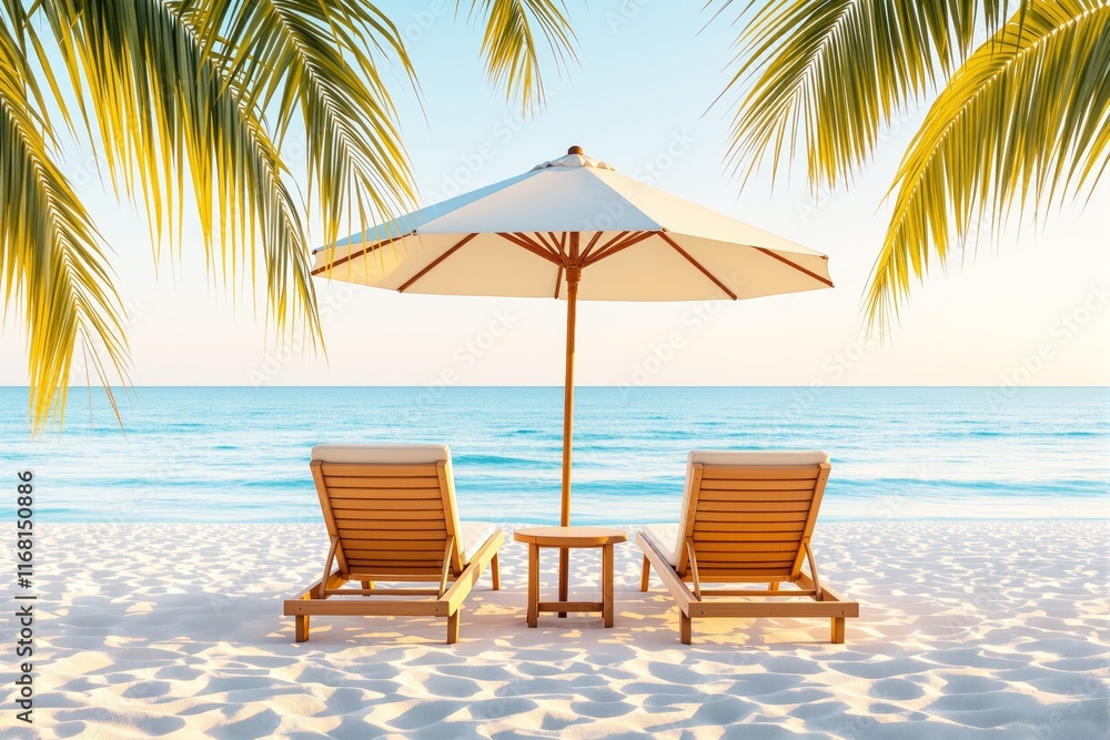 Fototapeta premium Two wooden loungers with cushions under a white umbrella on a sandy beach, framed by palm leaves. Bright sunny day, peaceful ocean, vacation vibe. Ai generative