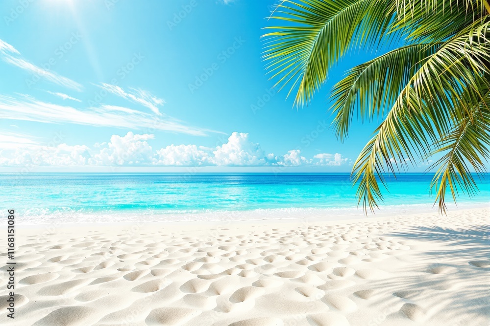 Obraz premium A serene tropical beach with white sand, turquoise ocean waves, and lush palm leaves under a vibrant blue sky. Concept of summer, relaxation, and vacation. Ai generative