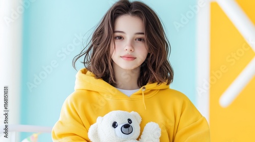 A girl in a yellow hoodie holds a teddy bear, smiling softly.