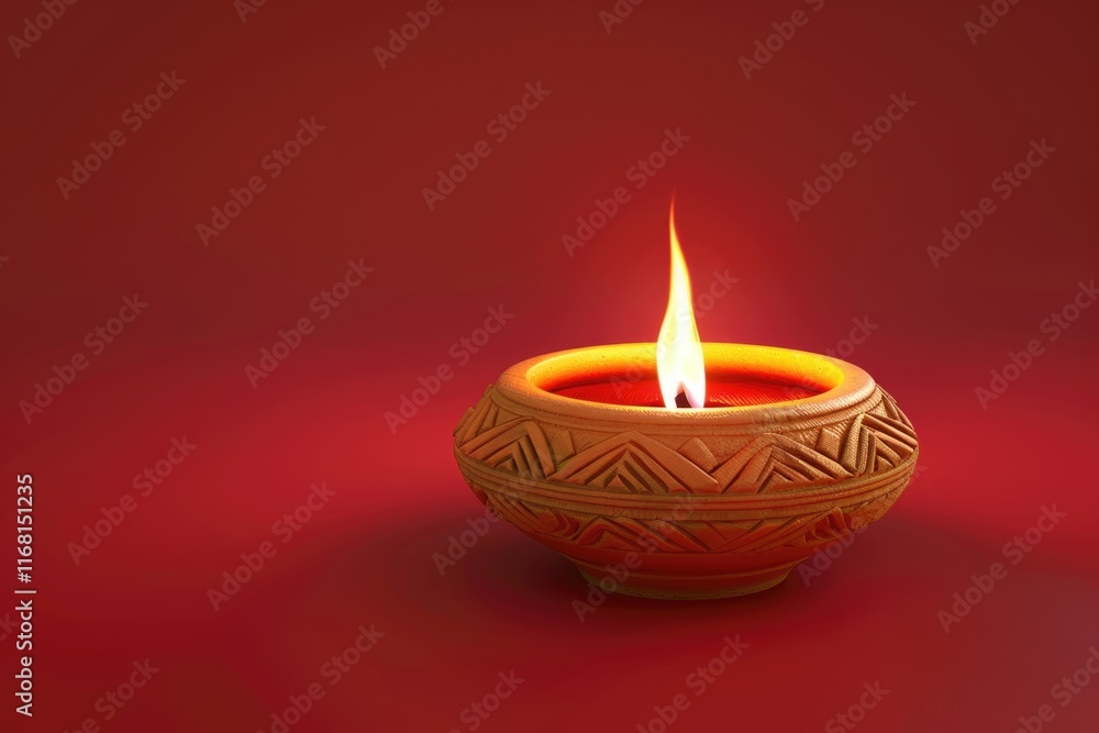 Big illuminated diwali diya or clay lamp placed over red background moody lighting selective focus Big illuminated diwali diya or clay lamp placed over red background moody lighting selective focus