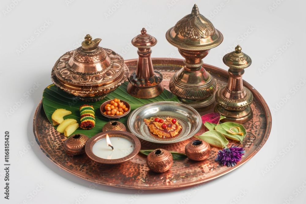 Copper Kalash with coconut mango leaf pooja thali essentials. Copper Kalash with coconut mango leaf pooja thali essentials.