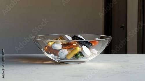 Capsules and pills in a transparent glass dish.  photo